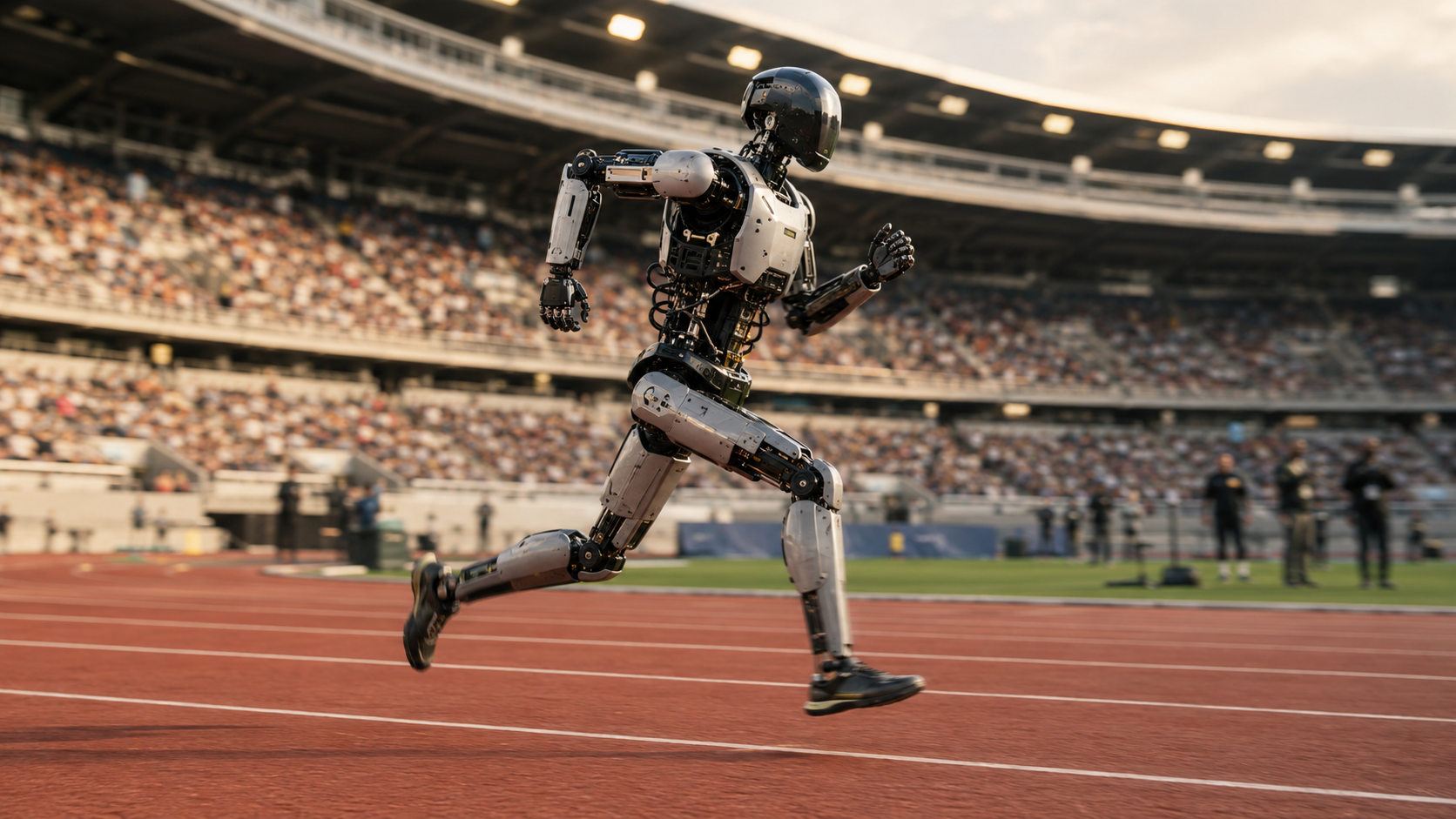 Humanoid robot running on an athletics track